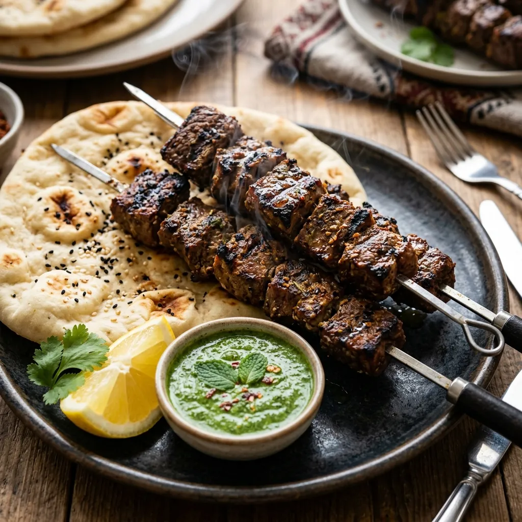 Afghan Tikka Kabob on Skewers with Naan and Green Chutney